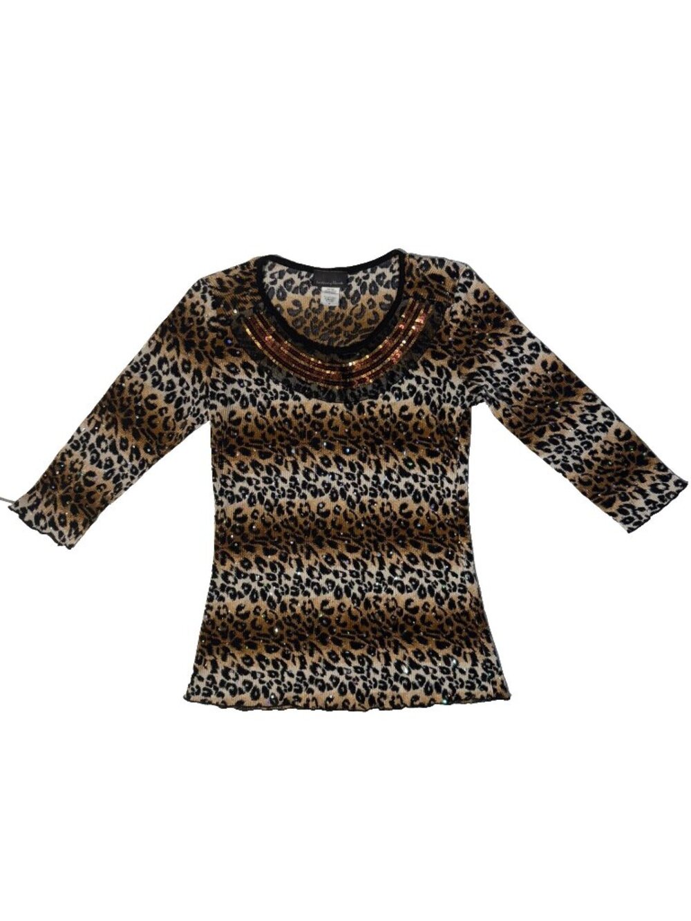 Brittany Black Leopard Print Sequins Textured 90s Blouse Size - M Bling Party